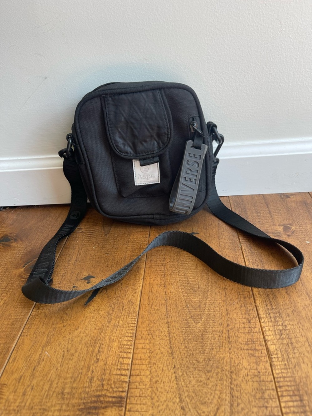 aape By A Bathing Ape Reflective Sling Crossbody Nylon Bag Black Zipper Mini